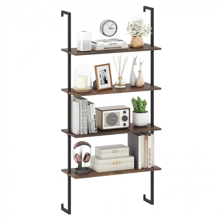 4-tier industrial ladder bookshelf with a coffee finish, featuring a sturdy metal frame for versatile storage and decor.