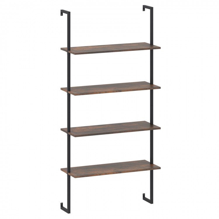 4-tier industrial ladder bookshelf with a sturdy metal frame and wooden shelves, ideal for living room or study.