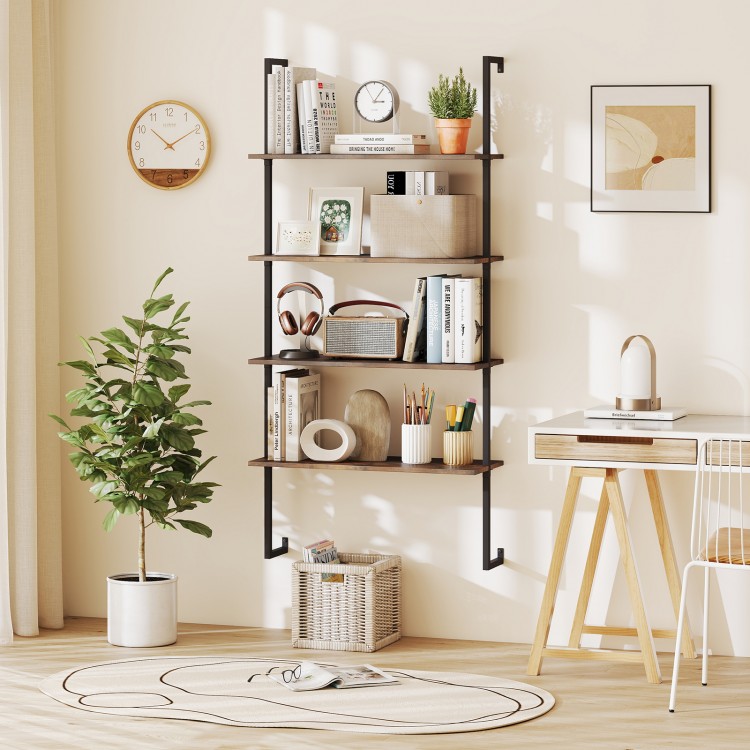4-tier industrial ladder bookshelf with metal frame, featuring ample storage and a stylish design for versatile room.