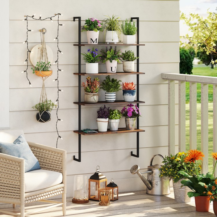 4-tier industrial ladder bookshelf with a sturdy metal frame, featuring ample storage for plants and decor in various.