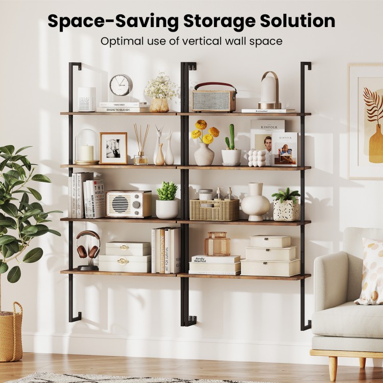 4-tier industrial ladder bookshelf with metal frame, featuring ample storage and wall-mounted design for space-saving.
