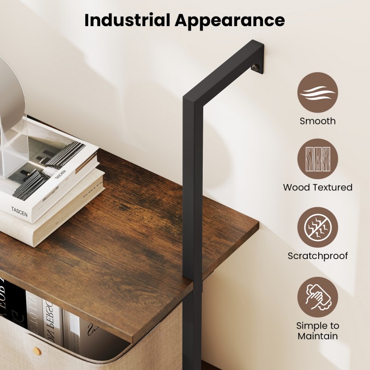 4-tier industrial ladder bookshelf with a sturdy metal frame and wood-textured shelves, perfect for organized storage.
