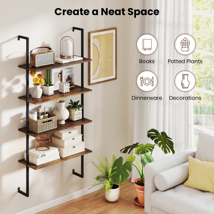 4-tier industrial ladder bookshelf with metal frame, featuring ample storage for books, plants, and decorations in any.