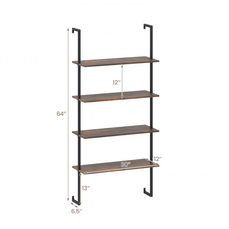 4-tier industrial ladder bookshelf with a coffee finish and metal frame, perfect for organizing living spaces.
