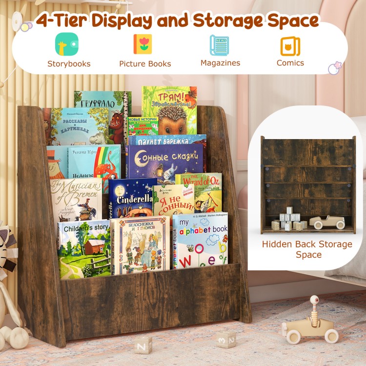 4-tier kids bookshelf in rustic brown with deep compartments, ideal for storing storybooks and magazines in a child's.