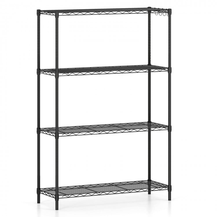 4-tier black metal storage shelving unit with adjustable shelves and V-shaped wire rack for organizing various spaces.