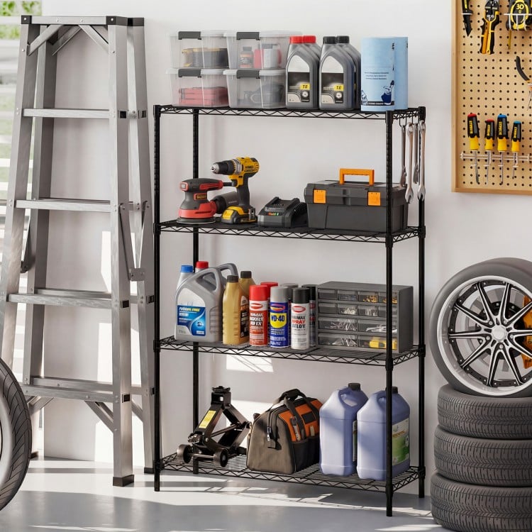 4-tier black metal storage shelving unit with adjustable shelves, ideal for garage organization and heavy-duty use.