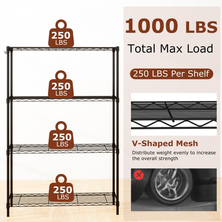 4-tier black metal storage shelving unit with V-shaped mesh design, 1000 lbs capacity, ideal for kitchen and garage.