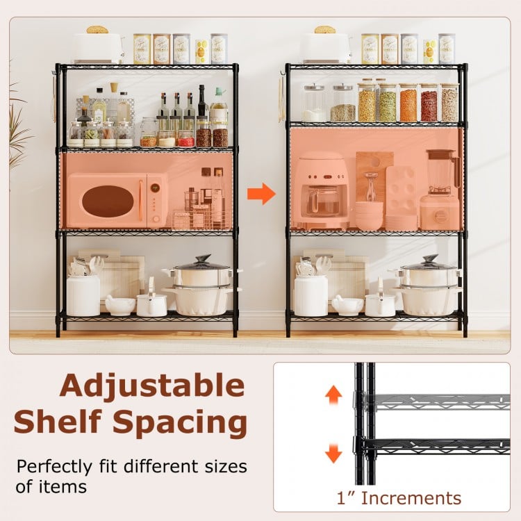 4-tier black metal storage shelving unit with adjustable shelf spacing, ideal for organizing kitchen and garage items.