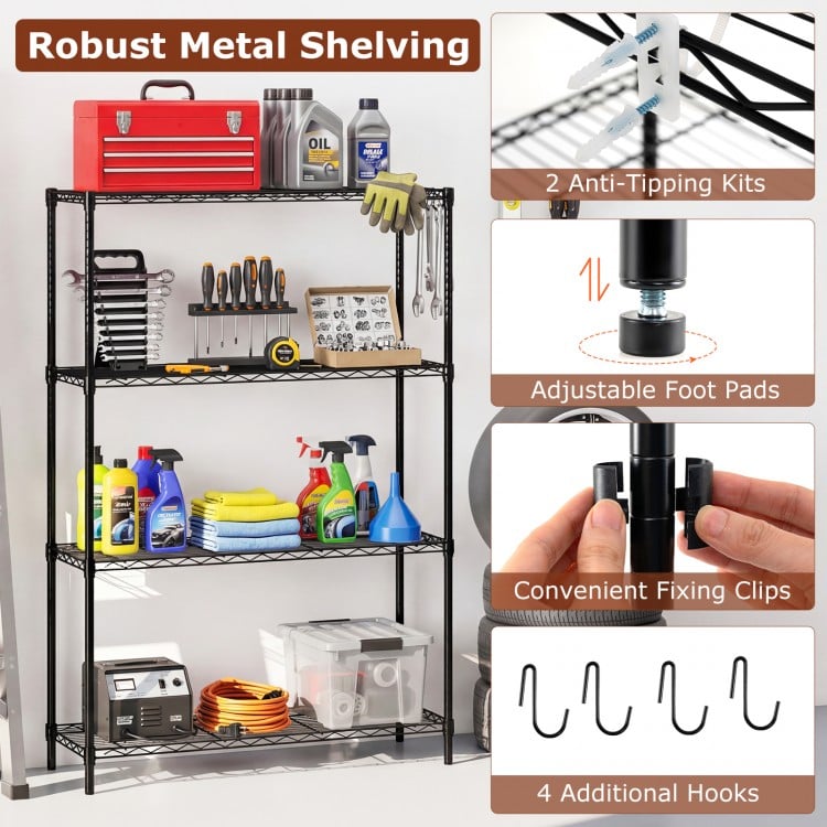 4-tier black metal storage shelving unit with adjustable shelves, V-shaped wire rack, and 1000 lbs capacity for.