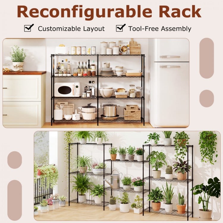 4-tier black metal storage shelving unit with adjustable shelves, ideal for organizing kitchen or garage items.