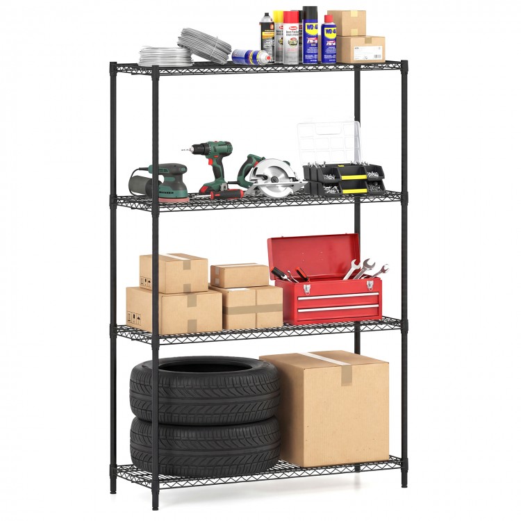 4-tier black metal storage shelving unit with adjustable shelves, tools, and boxes, ideal for garage or basement.