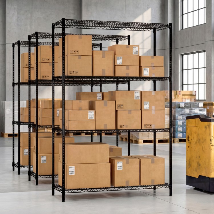 4-tier black metal storage shelving unit with V-shaped wire racks, holding boxes in a spacious warehouse setting.