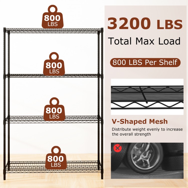 4-tier black metal storage shelving unit with V-shaped wire racks, supporting 3200 lbs total, ideal for garage or.