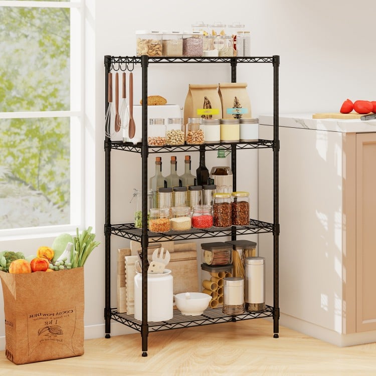 4-tier black metal storage shelving unit showcasing adjustable shelves and hooks, perfect for maximizing kitchen.