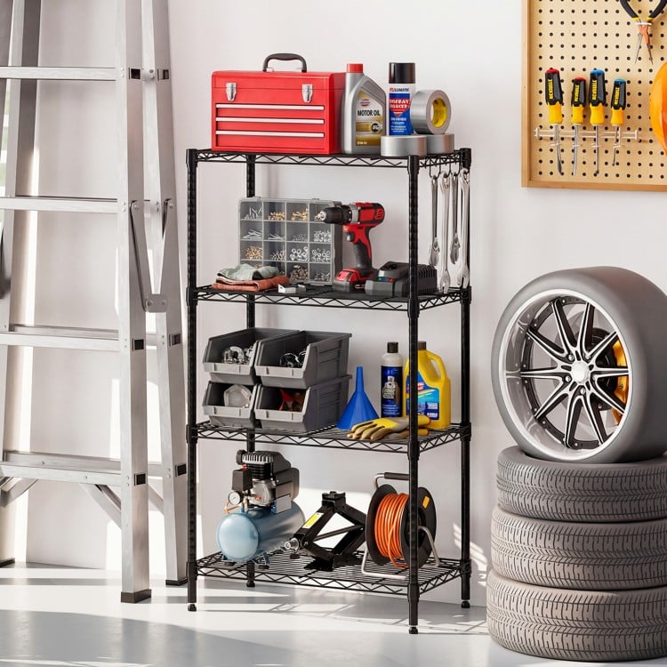 4-tier black metal storage shelving unit with adjustable shelves and V-shaped wire rack, ideal for garage organization.