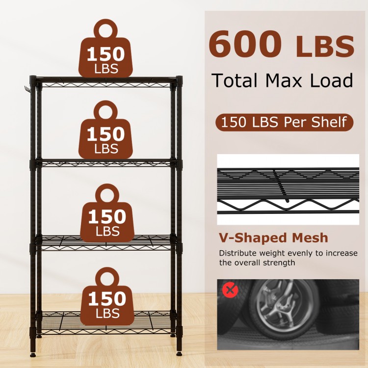 4-tier black metal storage shelving unit with V-shaped mesh, 600 lbs capacity, ideal for garage and pantry organization.
