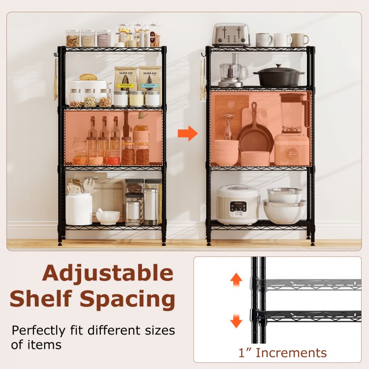 Close-up of adjustable shelf spacing on a 4-tier black metal storage shelving unit, perfect for various item sizes.