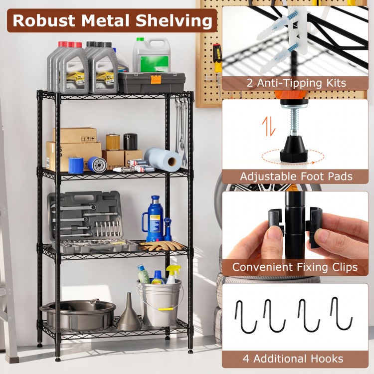 4-tier black metal storage shelving unit with adjustable shelves, V-shaped wire rack, and 600 lbs capacity for.