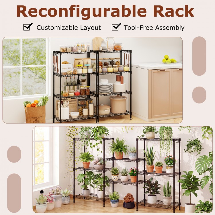 4-tier black metal storage shelving unit with adjustable shelves, ideal for kitchen or garage organization.