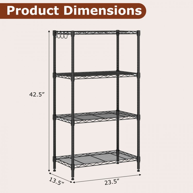 Product dimensions of a 4-tier black metal storage shelving unit, showcasing height of 42.5 inches and width of 23.5.