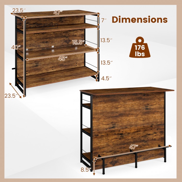 4-Tier mini bar kitchen island with wine rack and footrest, featuring dimensions and sturdy metal frame for home use.