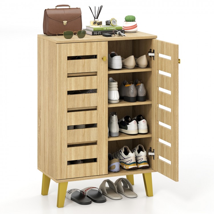 4-tier wooden shoe cabinet in oak with louvered doors, removable shelves, and spacious countertop for organized storage.