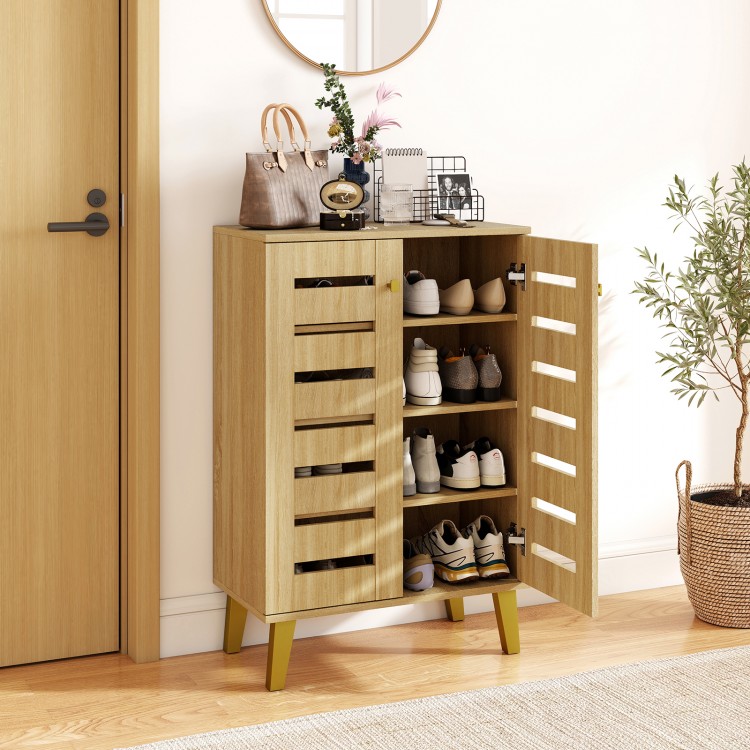 4-tier wooden shoe cabinet in oak with louvered doors, removable shelves, and spacious countertop for entryway.
