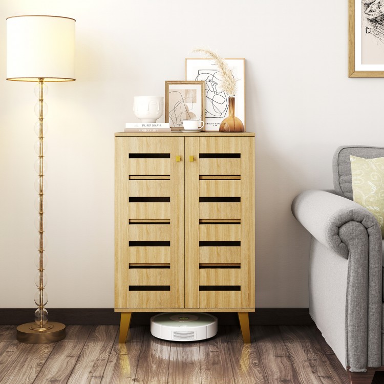 4-tier wooden shoe cabinet with louvered doors, oak finish, and removable shelves, perfect for entryway organization.