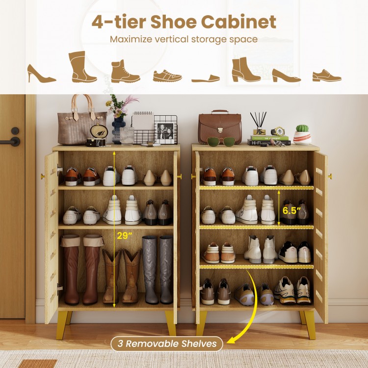 4-tier wooden shoe cabinet in oak with removable shelves, ideal for organizing shoes in entryway or living room.