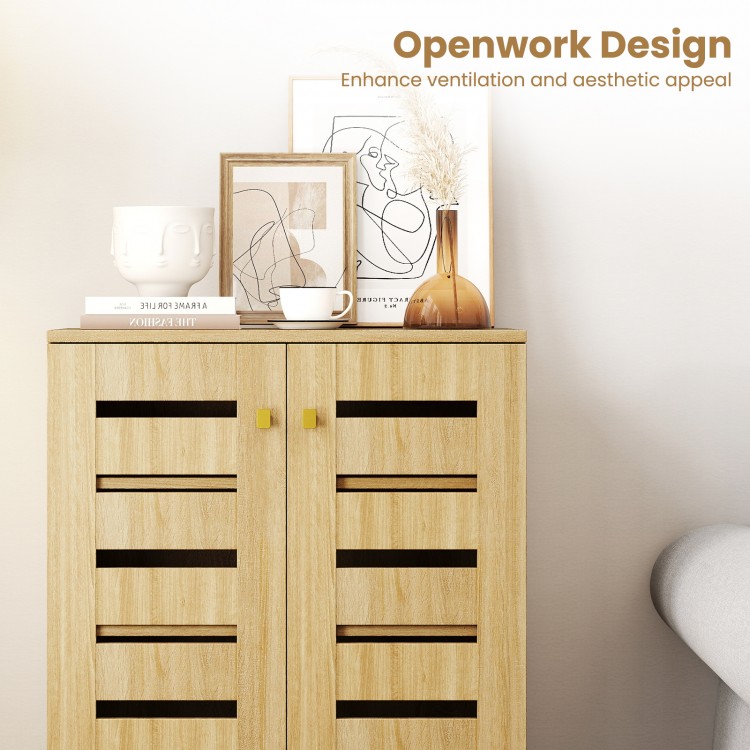 4-tier wooden shoe cabinet in oak with louvered doors, offering ventilation and stylish storage for entryways or living.