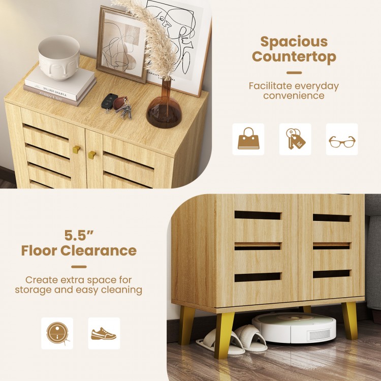 4-tier wooden shoe cabinet in oak with louvered doors, spacious countertop, and 5.5" clearance for easy cleaning.
