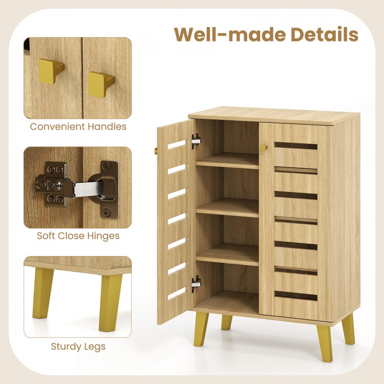 4-tier wooden shoe cabinet in oak with louvered doors, removable shelves, and sturdy legs for organized storage.