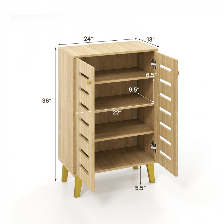 4-tier wooden shoe cabinet in oak with louvered doors, removable shelves, and soft close hinges for organized storage.