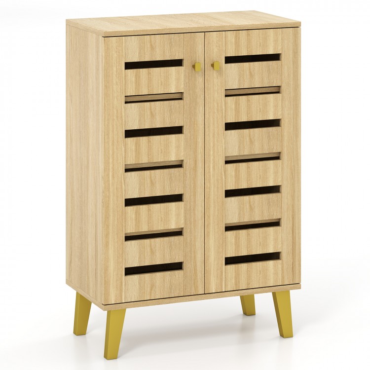4-tier wooden shoe cabinet in oak with louvered doors, removable shelves, and yellow legs for stylish entryway storage.