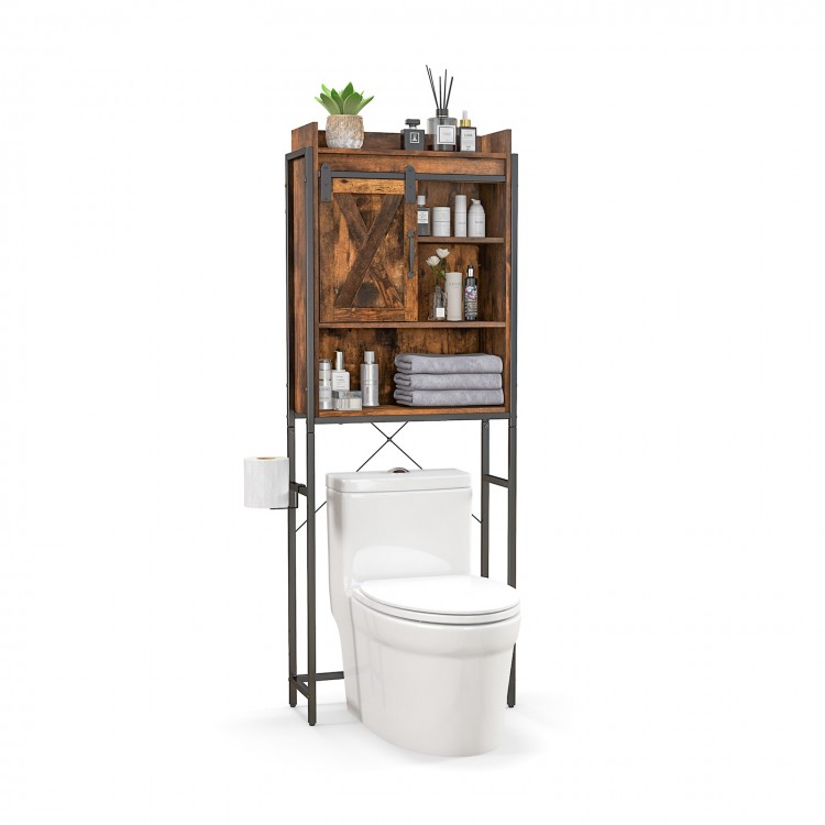 4-tier multifunctional toilet storage cabinet in rustic brown with adjustable shelves and sliding barn door for.