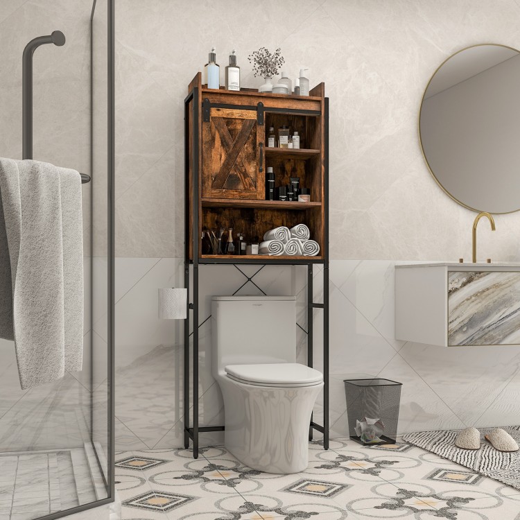 4-tier multifunctional toilet storage cabinet in rustic brown with a sliding barn door, perfect for small spaces.