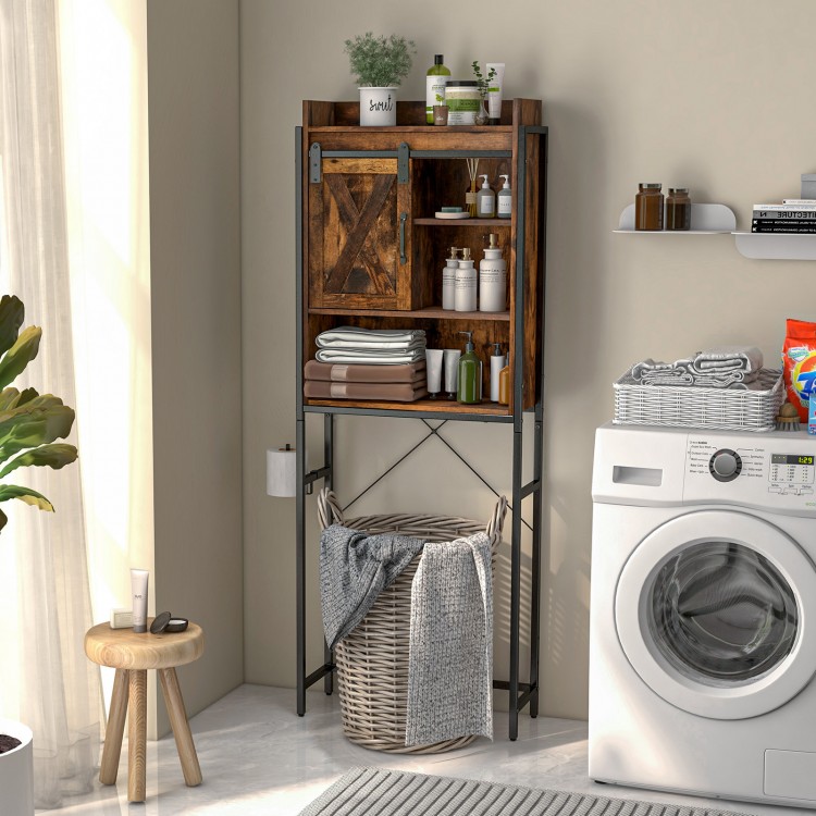 4-tier multifunctional toilet storage cabinet in rustic brown with adjustable shelves and sliding barn door for small.