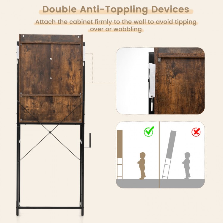 4-tier multifunctional toilet storage cabinet in rustic brown with sliding barn door and anti-toppling device for.