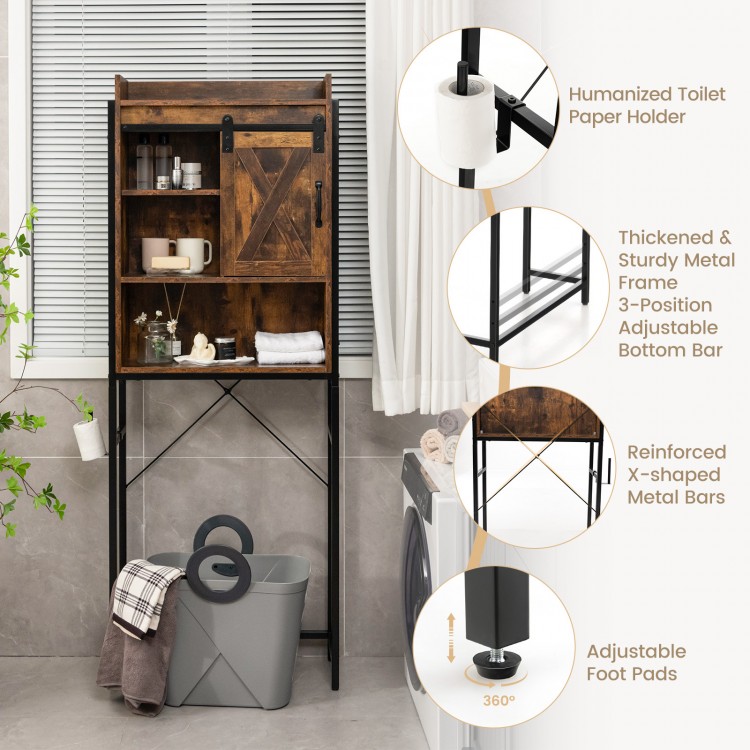 4-tier multifunctional toilet storage cabinet in rustic brown with adjustable shelf and sliding barn door for small.