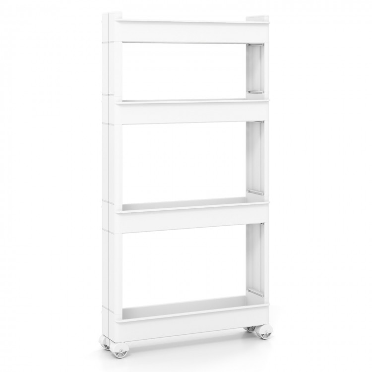 4-tier multifunctional slim storage trolley in white with detachable trays, ideal for kitchen or bathroom organization.