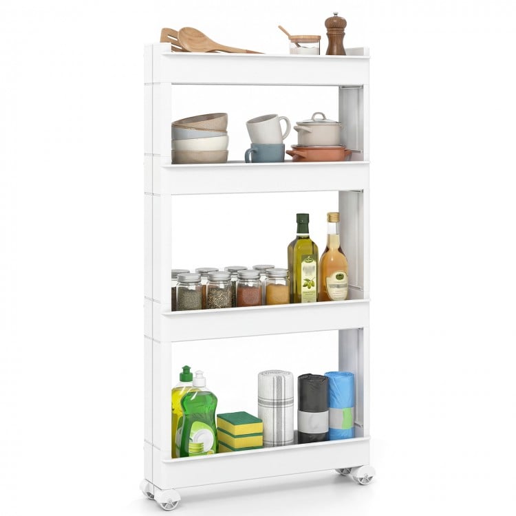 4-tier multifunctional slim storage trolley in white with detachable trays, ideal for organizing kitchens and living.