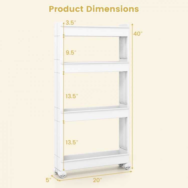 4-tier slim storage trolley in white with detachable trays, measuring 40” high and 20” wide, ideal for versatile.