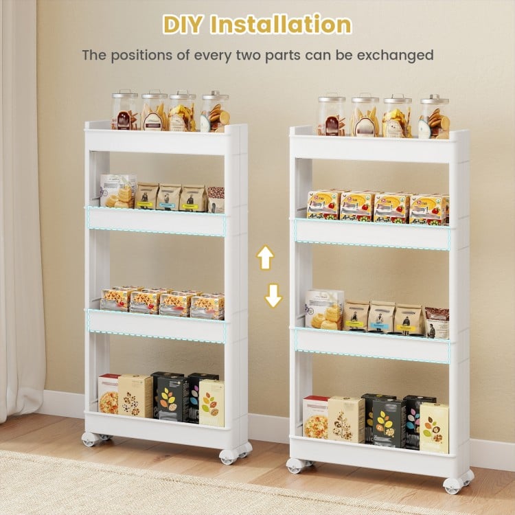 4-tier multifunctional slim storage trolley in white with detachable trays, ideal for kitchen and living room.