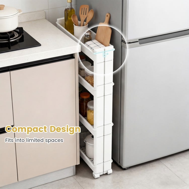 4-tier multifunctional slim storage trolley in white, featuring detachable trays and compact design for efficient.