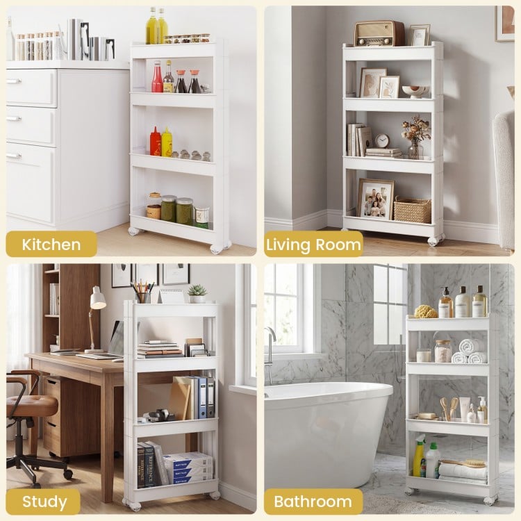 4-tier multifunctional slim storage trolley in white with detachable trays, ideal for kitchen, living room, or bathroom.