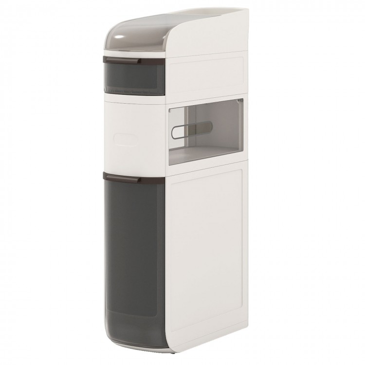 Narrow 4-tier bathroom storage cabinet with drawers, tissue box, and wheels for easy movement in limited spaces.