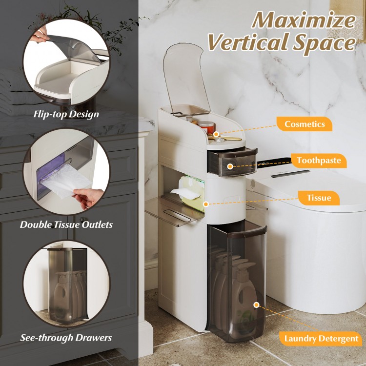 Narrow 4-tier bathroom storage cabinet with flip-top design, see-through drawers, and double tissue outlets for.