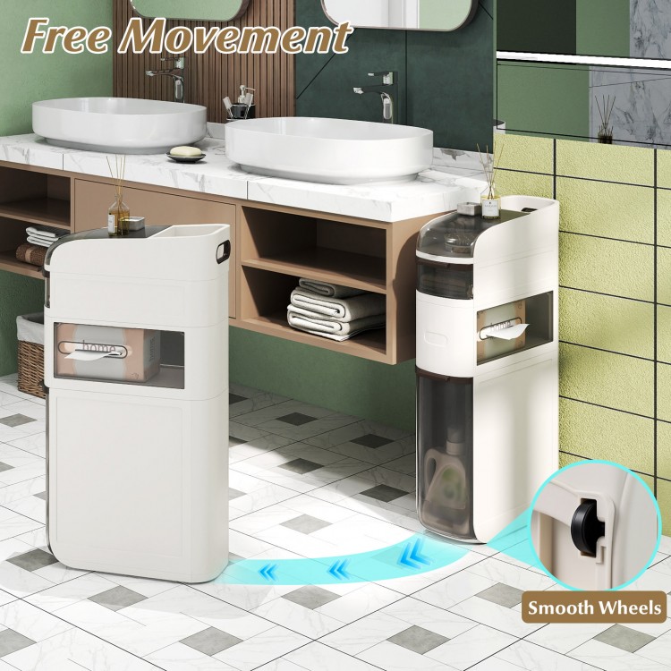 4-tier narrow bathroom storage cabinet with drawers and tissue box, featuring smooth wheels for easy movement and.