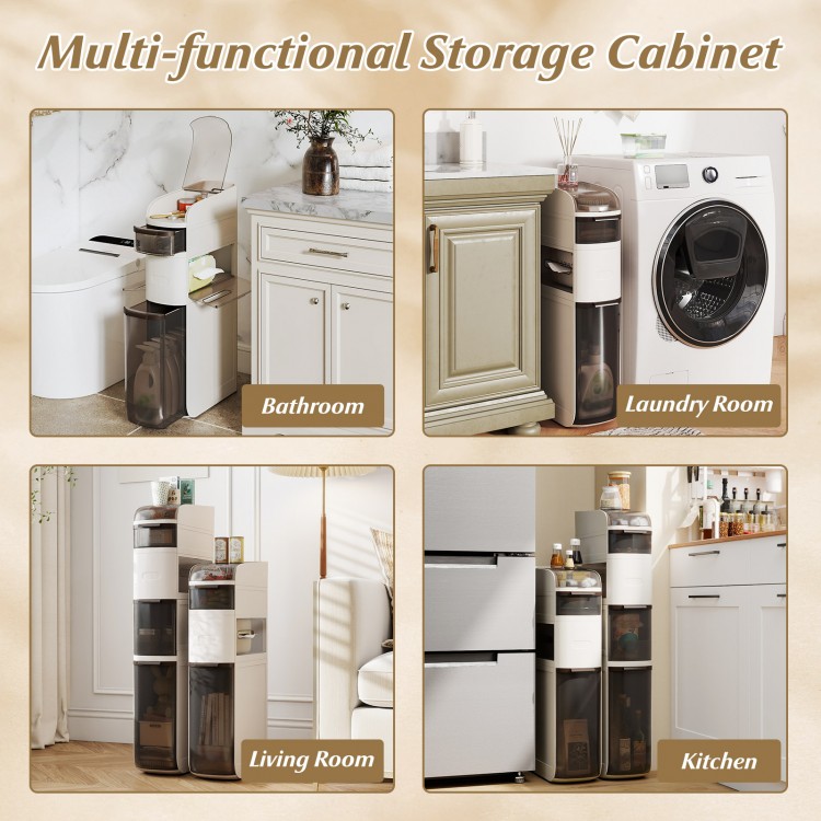4-tier narrow storage cabinet with drawers and tissue box, ideal for bathroom, laundry, kitchen, and living room use.